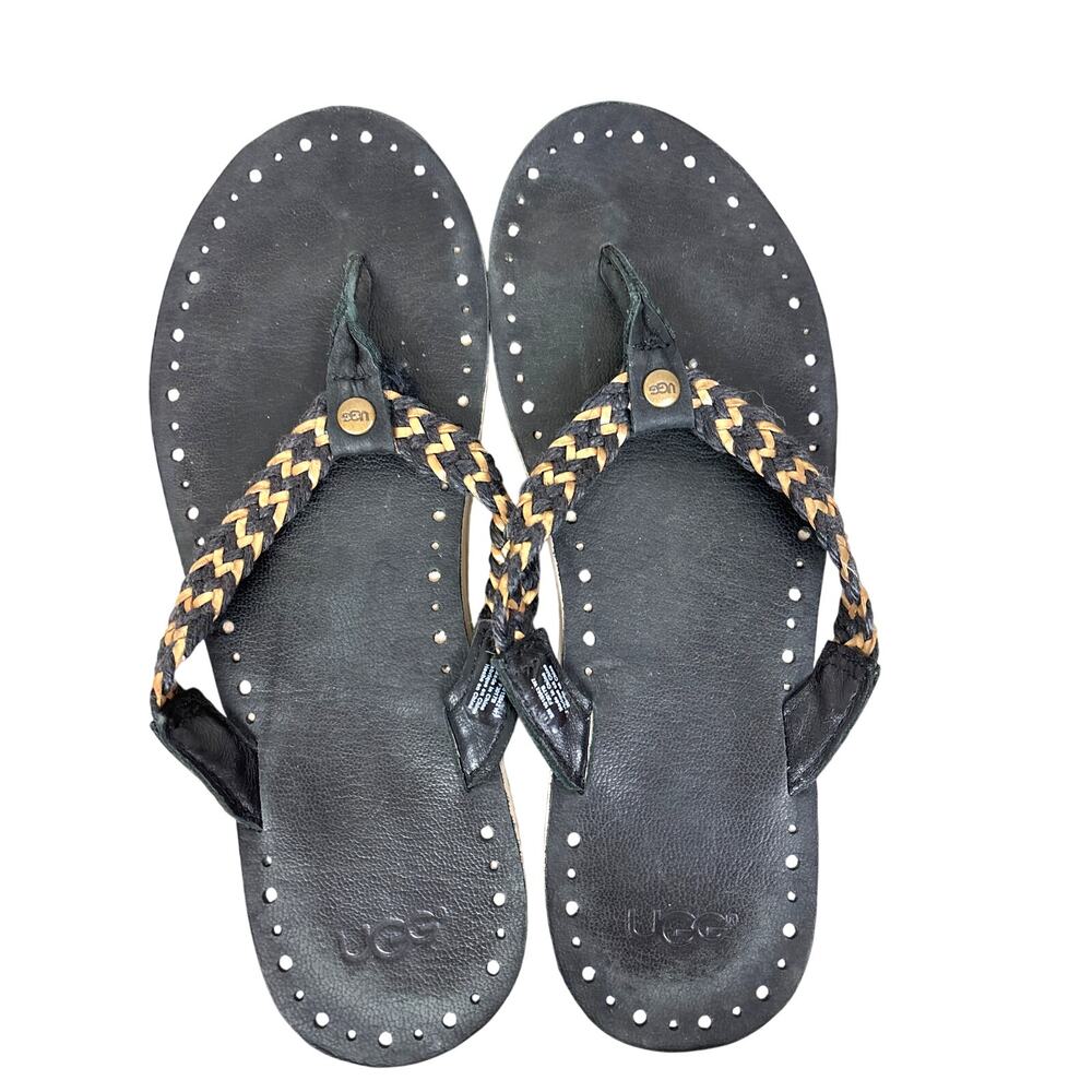 UGG Womens 7 Black Tan Leather Braided Slip On Flip Flop Sandals Summer Beach